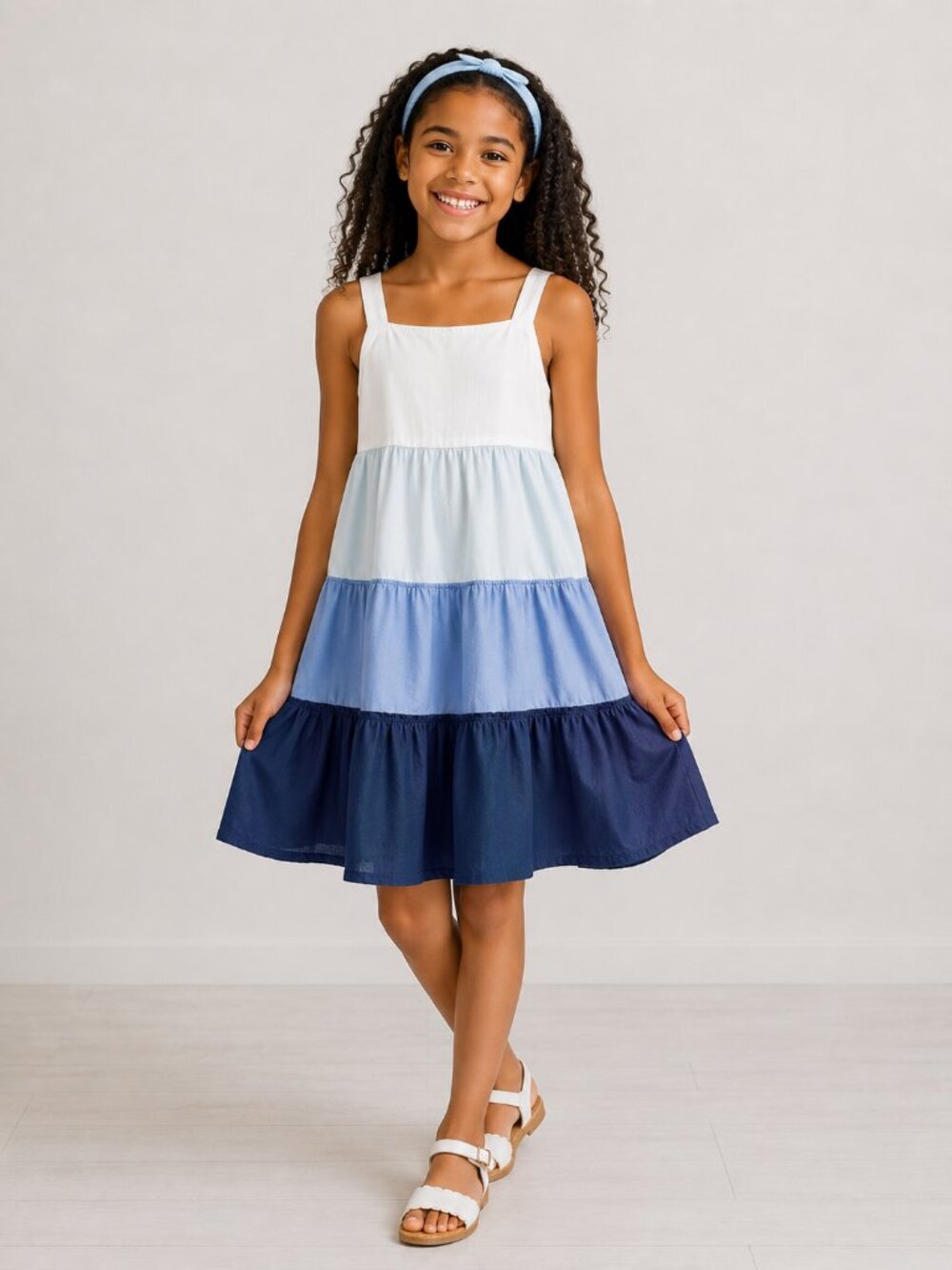 Crown & Ivy Blue and White Tiered Sleeveless Dress Girls Sz 16